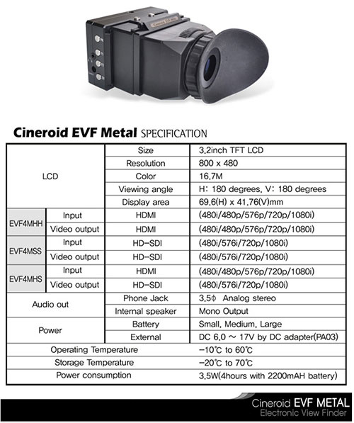 Cineroid EVF-4MSS HD-SDI Electronic Viewfinder Specs